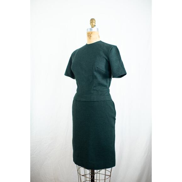 Vintage 60s Mod Forest Green Wool Pencil Skirt Top Set Wiggle Rockabilly Pinup S - Picture 1 of 12